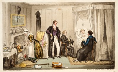 Tom Echo alité avec la fièvre de Headington ou un Oxonien très près du mur, de The English Spy, publié à Londres, 1824 - Isaac Robert Cruikshank