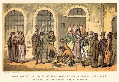 Symptômes de la fin de certains types de vie à Londres, Tom, Jerry et Logic, dans la cour de presse, à Newgate - Isaac, Robert and George Cruikshank