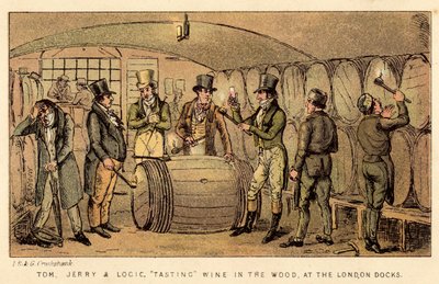 Tom, Jerry et Logic, dégustant du vin en fût, aux quais de Londres - Isaac, Robert and George Cruikshank