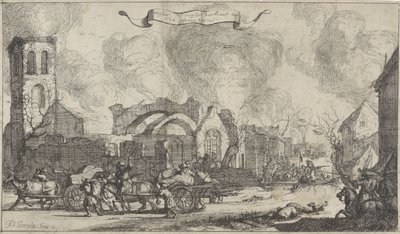 Franse troepen trekken plunderend en schietend door de ruïnes van het dorp Nigtevecht, 1672 - Isaac Sorious