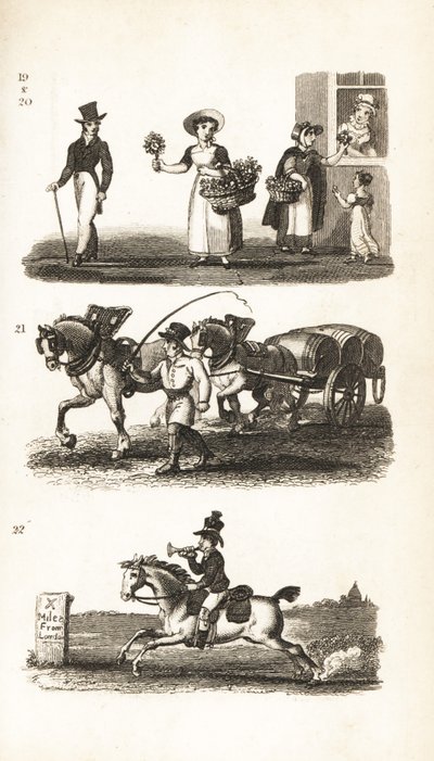 Bouquets, fille de cresson, chariot de brasseur et garçon de la poste à deux sous - Isaac Taylor