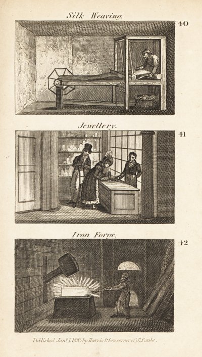 Métiers en Angleterre Régence : tissage de la soie, joaillerie et forge de fer - Isaac Taylor