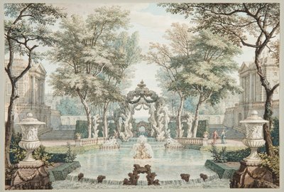 Jardin avec bâtiments classiques et une fontaine - Isaac de Moucheron