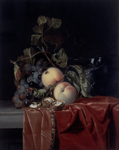 Nature morte de raisins, pêches, noix et un verre de vin - Isaak Denies