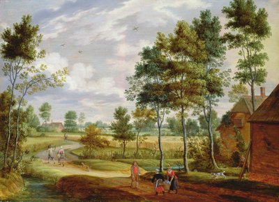 Figures devant un cottage dans un paysage campagnard - Isaak van Oosten