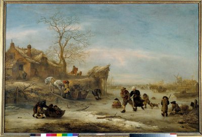 Canal gelé avec patinage en couple Peinture par Isaak Van Ostade (1621-1649). 17ème siècle - Isack van Ostade