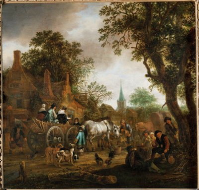 Carrosse devant une auberge (peinture sur bois de chêne) - Isack van Ostade