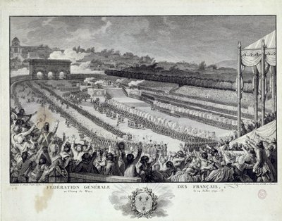 Révolution française : vue de la fête de la Fédération générale des départements français au Champ de Mars à Paris le 14/07/1791. Illustration d