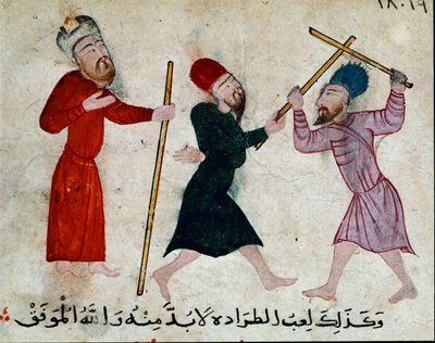 Art islamique : Dessin sur parchemin de la période fatimide (10-11ème siècle) - Jeu de bâtons - Islamic School