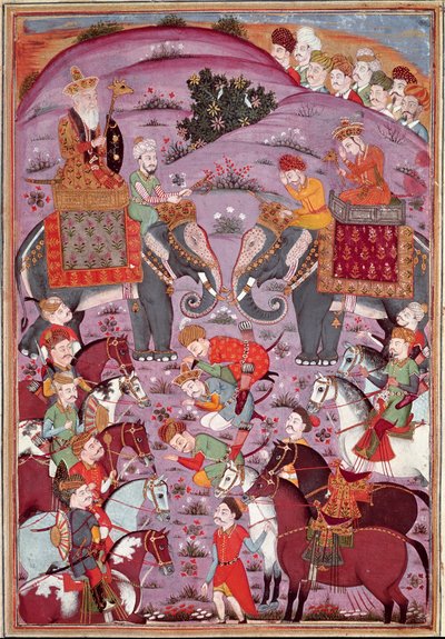 Art islamique : La première rencontre de Roustam et de son aïeul Sam. Miniature persane d