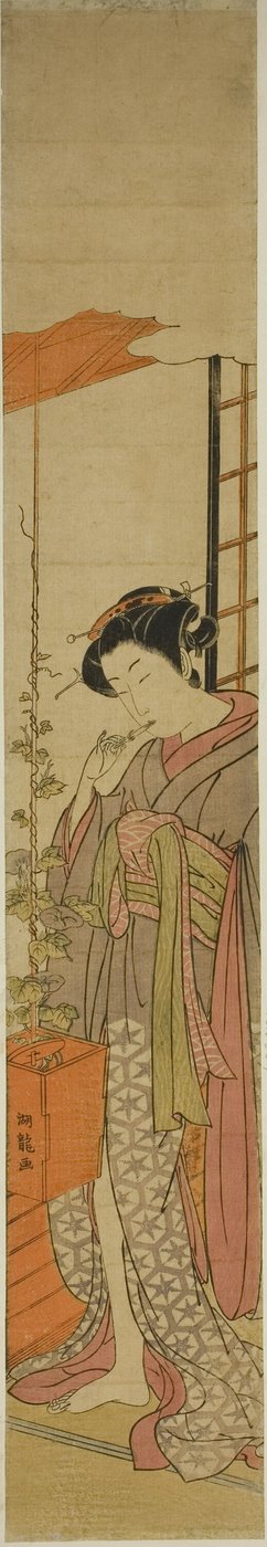 Courtisane admirant les gloires du matin en se nettoyant les dents - Isoda Koryusai