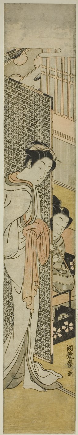 Courtisane Derrière un Écran et Jeune Homme Fumant - Isoda Koryusai