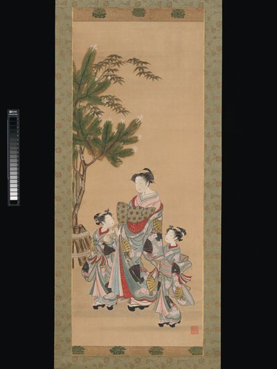 Courtisane et deux suivantes le jour du Nouvel An - Isoda Koryusai