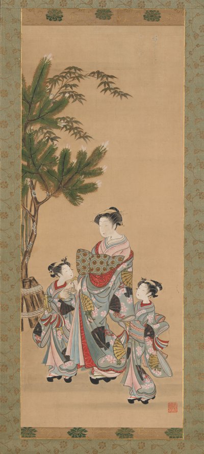 Courtisane et deux servantes le jour du Nouvel An - Isoda Koryusai