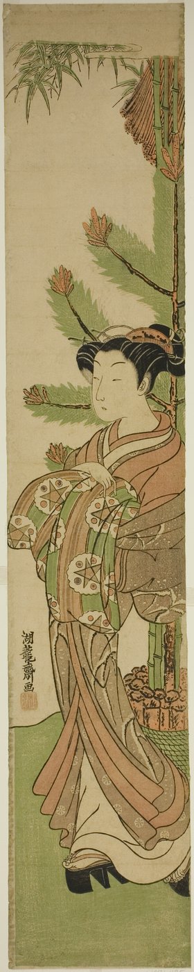 Courtisane devant une décoration de pin et de bambou pour le Nouvel An - Isoda Koryusai