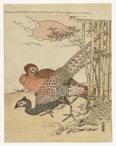 Couple de faisans près de bambous et soleil levant - Isoda Koryusai