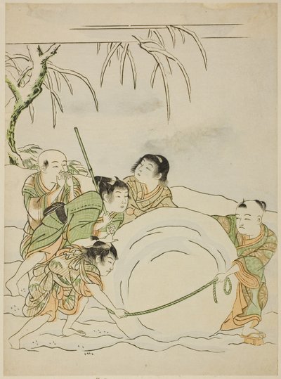 Cinq jeunes garçons roulant une grosse boule de neige - Isoda Koryusai