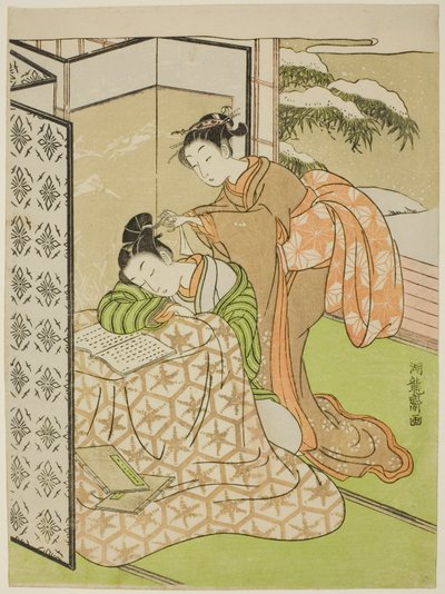 Fille Jouant un Tour à un Jeune Homme qui Dort - Isoda Koryusai