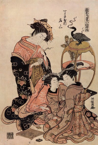 Courtisane japonaise en kimono prenant une tasse de thé - Isoda Koryusai