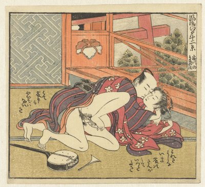 Couple amoureux avec shamisen - Isoda Koryusai