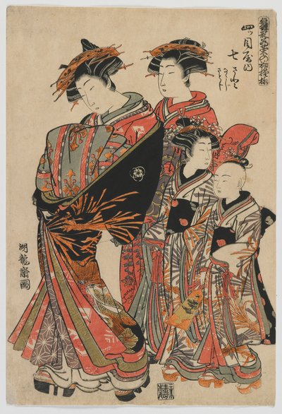 Modèles pour la mode : nouveaux designs comme de jeunes feuilles fraîches : La courtisane Nanasato du Yotsumeya avec ses assistantes Nanaji et Satoji, période Edo, 1778-80 - Isoda Koryusai