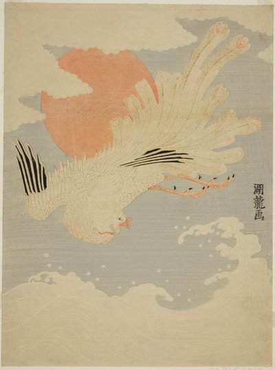 Phénix volant au-dessus des vagues devant le soleil du matin - Isoda Koryusai