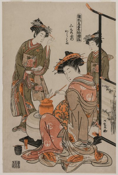 La courtisane Karahama de Yamashiroya exécutant la cérémonie du thé (de la série Modèles pour la mode : nouveaux designs aussi frais que de jeunes feuilles) - Isoda Koryusai