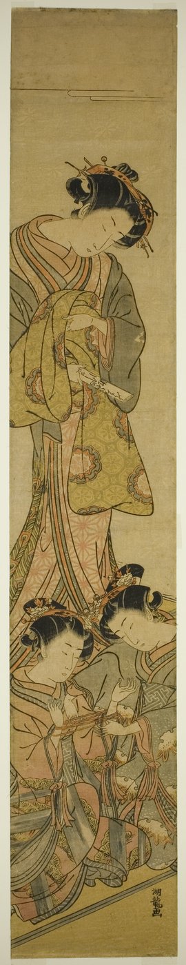 La courtisane Segawa de Matsubaya regardant ses assistants jouer au berceau de chat - Isoda Koryusai