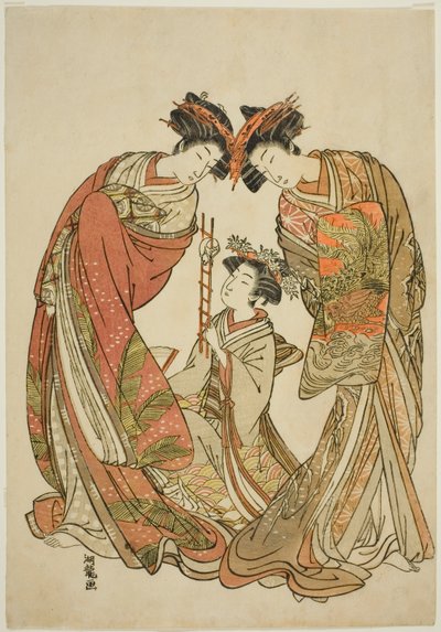 Deux courtisanes regardant un serviteur jouer avec un rat - Isoda Koryusai