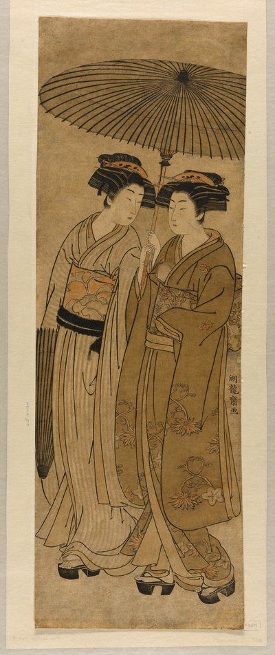 Deux jeunes femmes marchant sous un parapluie - Isoda Koryusai