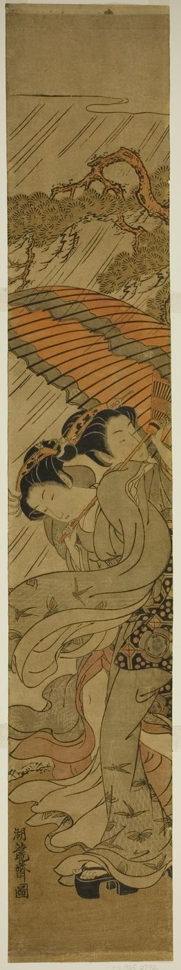 Deux Jeunes Femmes avec Parapluie Surprises par une Averse - Isoda Koryusai