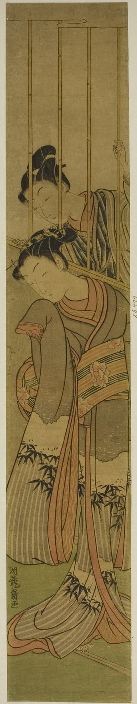 Jeune homme admirant une fille à travers une fenêtre grillagée - Isoda Koryusai