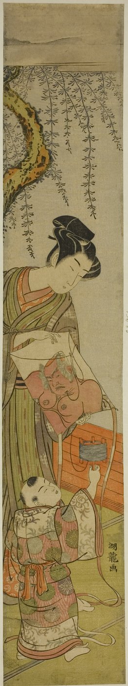 Jeune homme tenant un cerf-volant pour un enfant - Isoda Koryusai