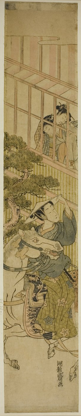 Jeune homme à cheval et deux femmes regardant par une fenêtre - Isoda Koryusai