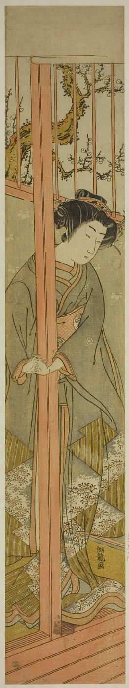 Jeune femme regardant depuis un salon - Isoda Koryusai