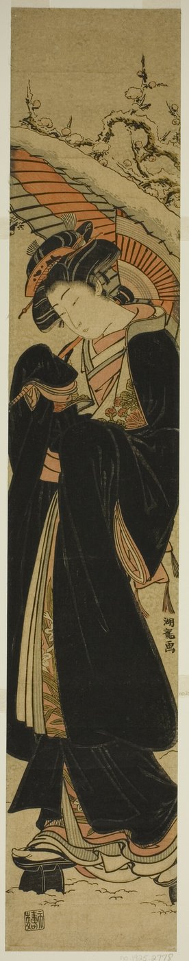 Jeune femme avec parapluie marchant dans la neige - Isoda Koryusai