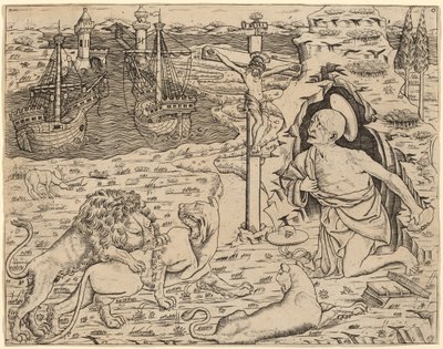 Saint Jérôme en Pénitence, avec Deux Navires dans un Port - Italian 15th Century
