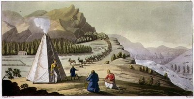 Une hutte lapone ou tente octogonale avec un troupeau de rennes descendant de la montagne, planche 47 de 