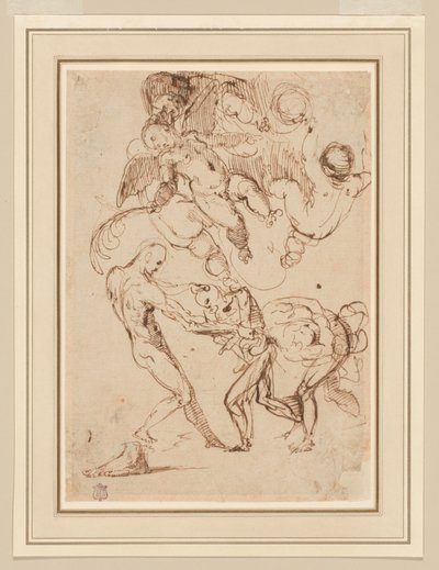 Étude de Figures Masculines Liées et Malmenées, et Divers Putti, Un Tenant une Fronde de Palmier - Italian School