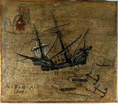 Un galion jette des ancres et deux canons pour se libérer pendant une tempête. Ex-voto de 1610 de l
