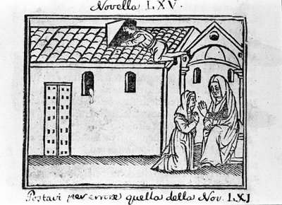 Un mari jaloux se déguise en prêtre pour recueillir la confession de sa femme adultère. Illustration pour la nouvelle 65 (Nouvelle 5 du septième jour) du "Décaméron" par Giovanni Boccaccio dit Jean Boccaccio (1313-1375), écrivain italien. Gravure dans - Italian School