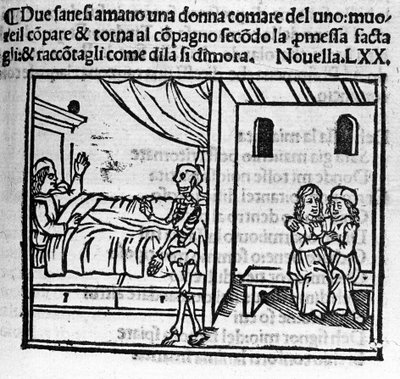Un homme amoureux de la femme de son ami le remplace dans le foyer conjugal à sa mort. Illustration pour la nouvelle 70 (Nouvelle 10 du sixième jour) du « Décaméron » de Giovanni Boccaccio dit Jean Boccaccio (1313-1375), écrivain italien. Gravure dans « Dé - Italian School