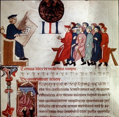 Un homme de pouvoir tenant assemblé (détail). Miniature tirée de « Breve Populi et Compagniarum Pisani Communis » (Statuts de la ville de Pise) 1300-1308 Pisa archivio di stato - Italian School