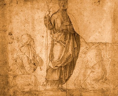Un saint avec deux femmes agenouillées (craie rouge sur papier) - Italian School