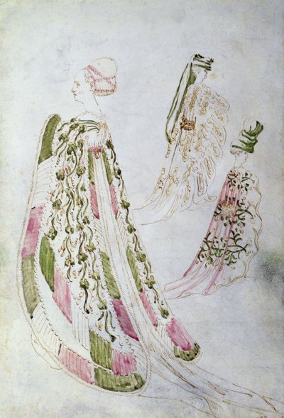 Une femme et deux hommes portant de longs manteaux, vers 1450 - Italian School