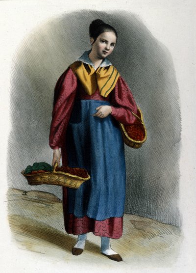 Une jeune vendeuse ambulante de fraises. Métier milanais, gravure de Locarno de 1830 - Italian School
