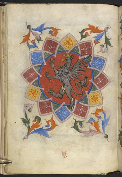 Add. 21965, f.5v Figure héraldique : Un griffon, Statut de la Guilde des tailleurs, de 
