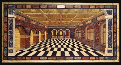 Table en marbre incrustée de pietre dure représentant une scène intérieure d