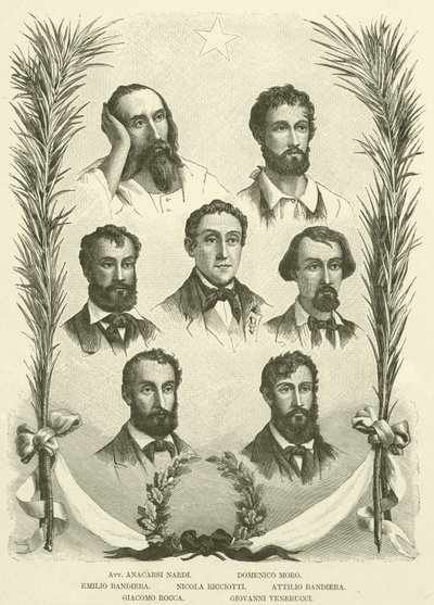 Avv Anacarsi Nardi, Domenico Moro, Emilio Bandiera, Nicola Ricciotti, Attilio Bandiera, Giacomo Rocca, Giovanni Venerucci (gravure) - Italian School