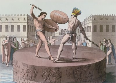 Guerriers aztèques en combat sur un Cuauhxicalli, c.1820 - Italian School